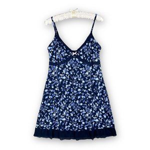 Womens Babydoll Floral Chemise Medium Blue Mesh Lace Bow V-Neck Pullover M